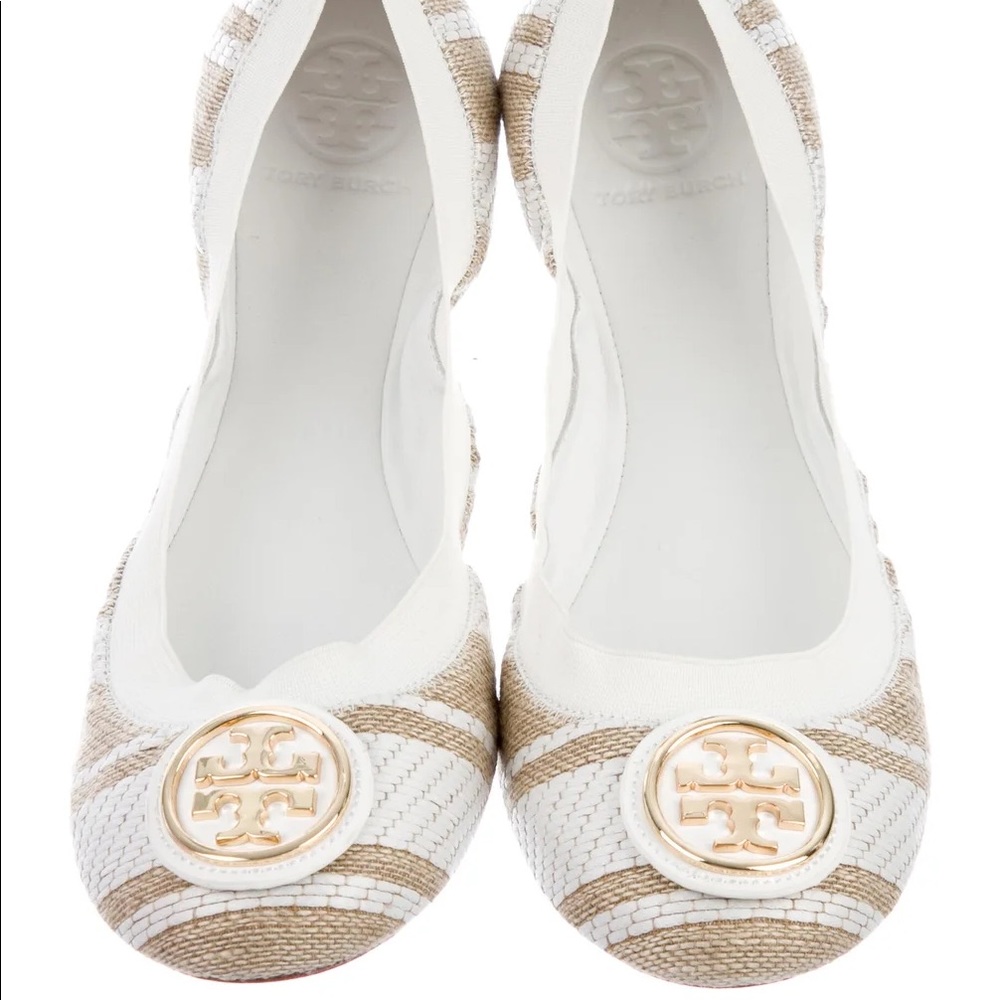 Tory Burch Striped Round-Toe Ballet Flats with box